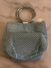 Silver Metallic Beaded Top Handle Evening Bag Detachable Chain Strap Women