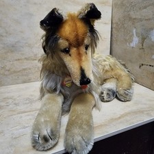 VTG Steiff Collie Dog Lying 1960s Mohair ID Button 2343 Chest Tag