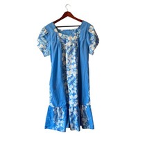 LAVAHUT Hawaiian Muumuu Dress Blue White Floral Hibiscus Ruffle Hem Made in USA