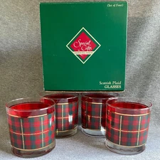 4 Scottish Tartan Plaid 8oz Glasses Whiskey Rocks Christmas Crowning Touch wBox