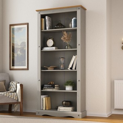 Corona Bücherregal grau groß hoch 5 Ablagen mexikanisch massiv Kiefer Holz Wohnzimmer