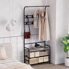 Narrow Hall Tree Storage Bench 4-in-1 Coat Rack with 3-Tier Shelf and 8 Hooks