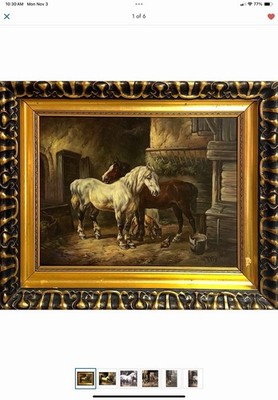 John Frederick Herring, Jr Original Stable Scene Oil Painting On Wood Panel
