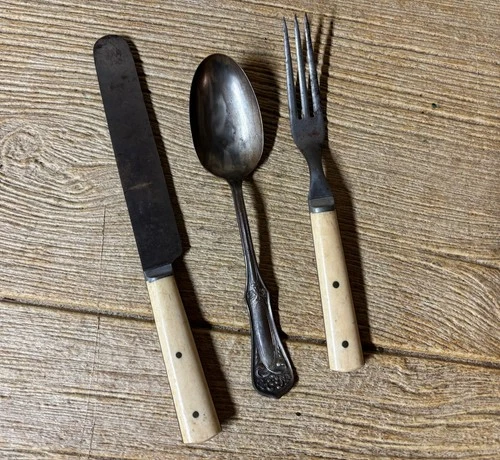 Original Antique Civil War Era Bone Handle Knife and Fork with Spoon