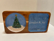 2 Section Wood Tray one side a Tree Design other side reads Comfort Joy 10" x 5"