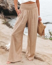 Women's casual pants with drawstring, mid waist, beach wide leg, spring and summ