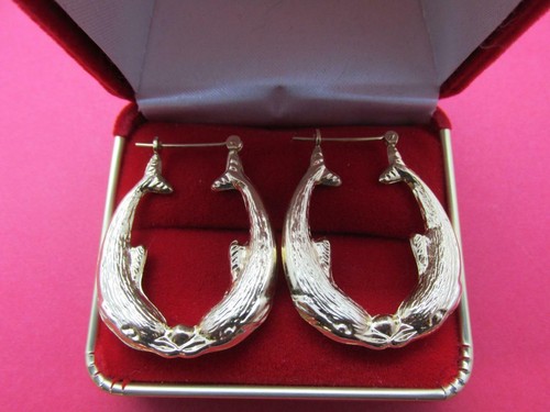 14k Solid Yellow Gold Dolphin Earrings Rare Vintage Beautiful Handmade 70s Circa - Picture 10 of 11