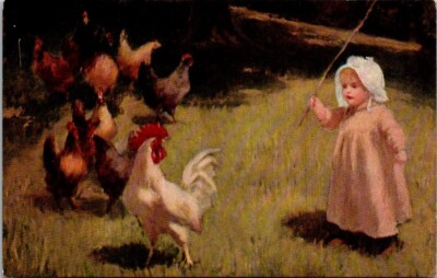 Girl Herding Chickens & Rooster with a Stick in Yard 1907 Unposted Postcard