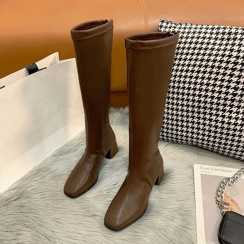 Womens Block High Heels Long Boots Warm Knee High Boots Soft Leather Shoes Size - Picture 4 of 20