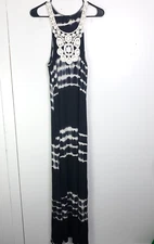 Womens Dress L Crochet Embroidered Tie Dye Striping Split Hem Resort Vacation