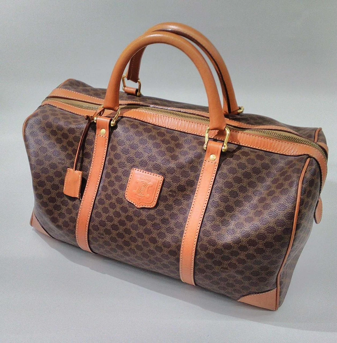 Authentic Celine Handbag PVC Brown Leather Boston Travel Bag