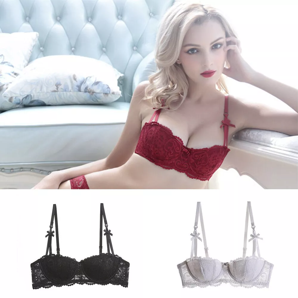 Womens Lace Underwire Push Up Shelf Bra 1/2 Cup Bowknot Hollow Out  Balconette