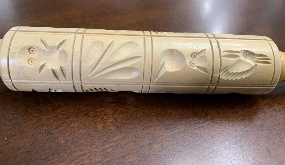 Vtg Embossing Wooden Carved Birds Nature Cookie Pie Mold Baking Rolling Pin USA - Изображение 4 из 4