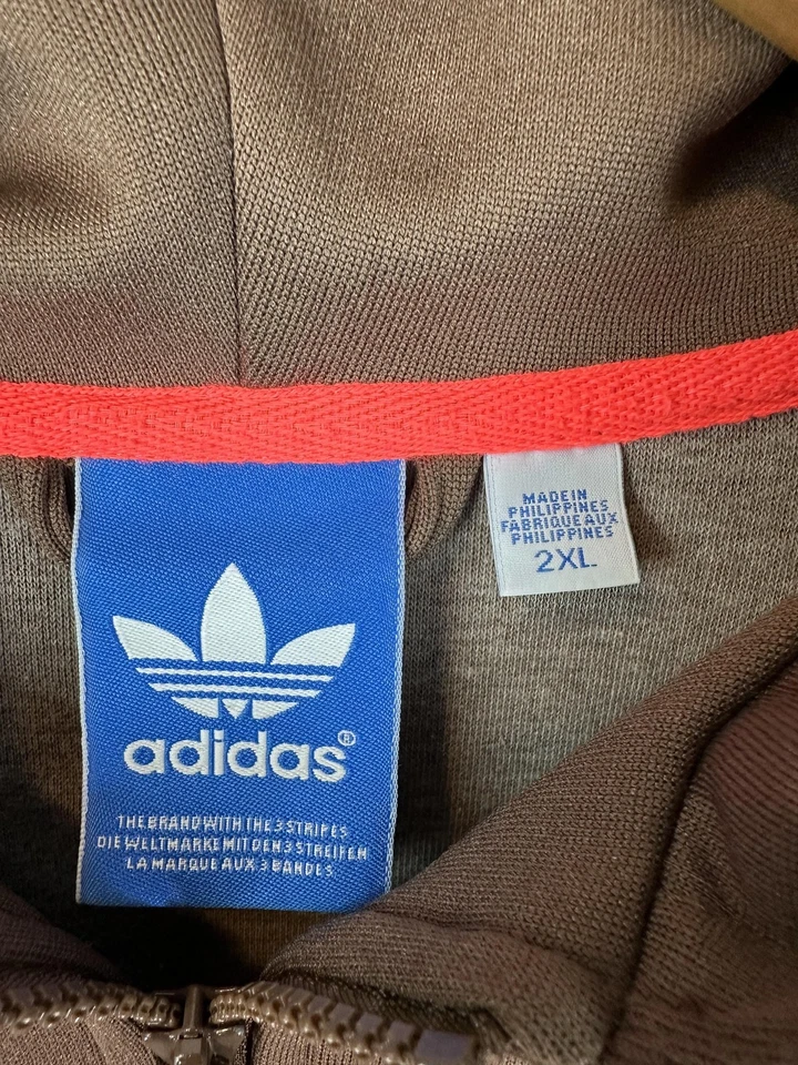 Adidas Originals Hoodie Mens 2XL Brown Red Trefoil 3-Stripes Full Zip Sweatshirt - Image 4 of 4
