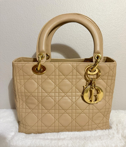 CHRISTIAN DIOR Lady Dior Medium Cannage Hand Bag Beige 