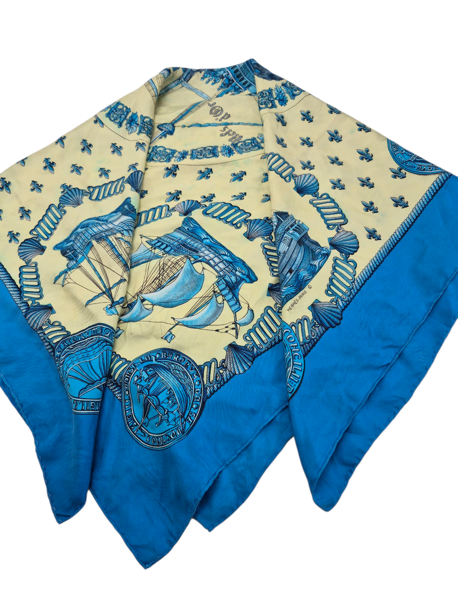 HERMES PARIS Silk Scarf Blue Beige Ships Sailing Shells Hand