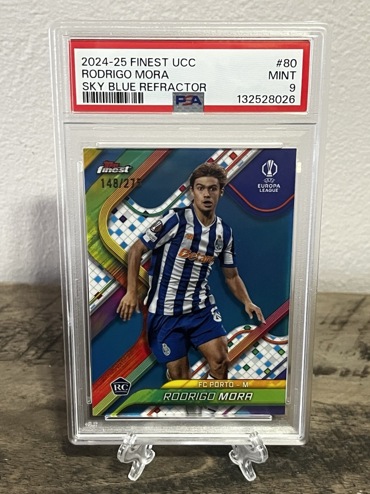 Rodrigo Mora 2024-25 Topps Finest UCC Sky Blue Refractor /275 Rookie RC PSA 9 MT view 3