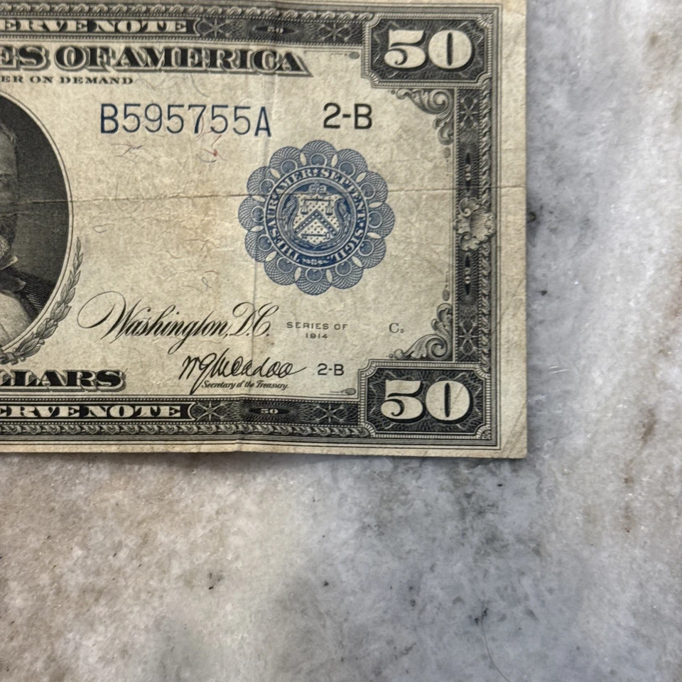 1914 $50 large-size FRN Fr. 1028 (2-B/New York) VF/VF+ - Image 4 of 4