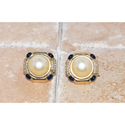 Vintage CINER Blue Sapphire Glass Rhinestones Mogul Faux Pearl Clip Earrings