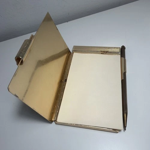 Vintage Gold Tone Metal Writing Note Pad Pencil Small Travel Paper 4x2.5 CIN