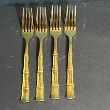 Supreme Cutlery Set of FOUR (4) Dinner Forks Gold Tone Bamboo Handle Japan