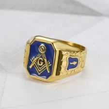 Blue Enamel Freemason Symbol Ring Stainless Steel Vintage Biker Masonic Ring