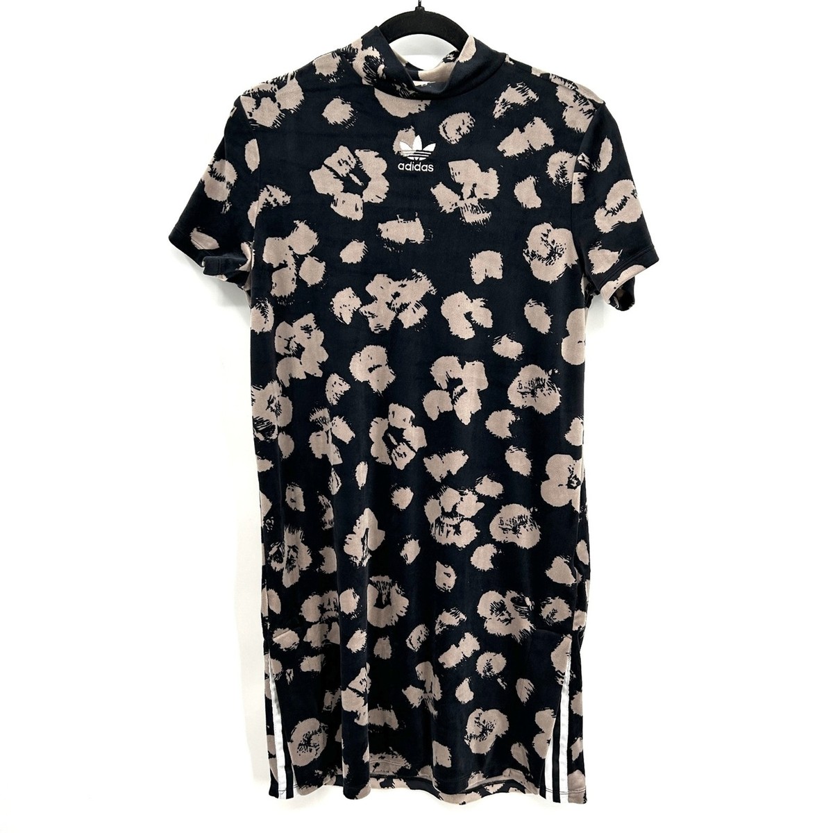 ADIDAS Black Cream Floral Print Velvet Velour Short Sleeve Tri-Fold Dress  Small | eBay