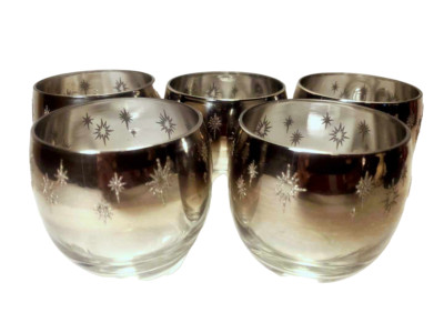 MCM 5 Vintage Vitreon Queens Lusterware Roly Poly Glasses Silver Ombre w/Caddy