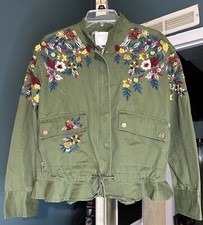 Zara Woman Green Jacket Floral Embroidered Military Size XS