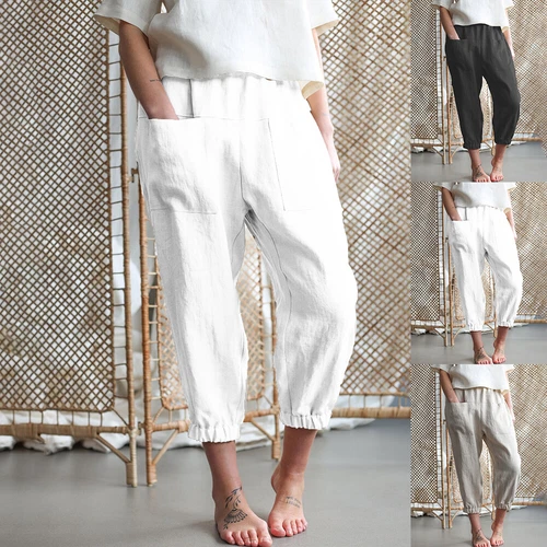 Summer Women's Loose Casual Beach Capri Cropped Pants Joggers Trousers Pockets