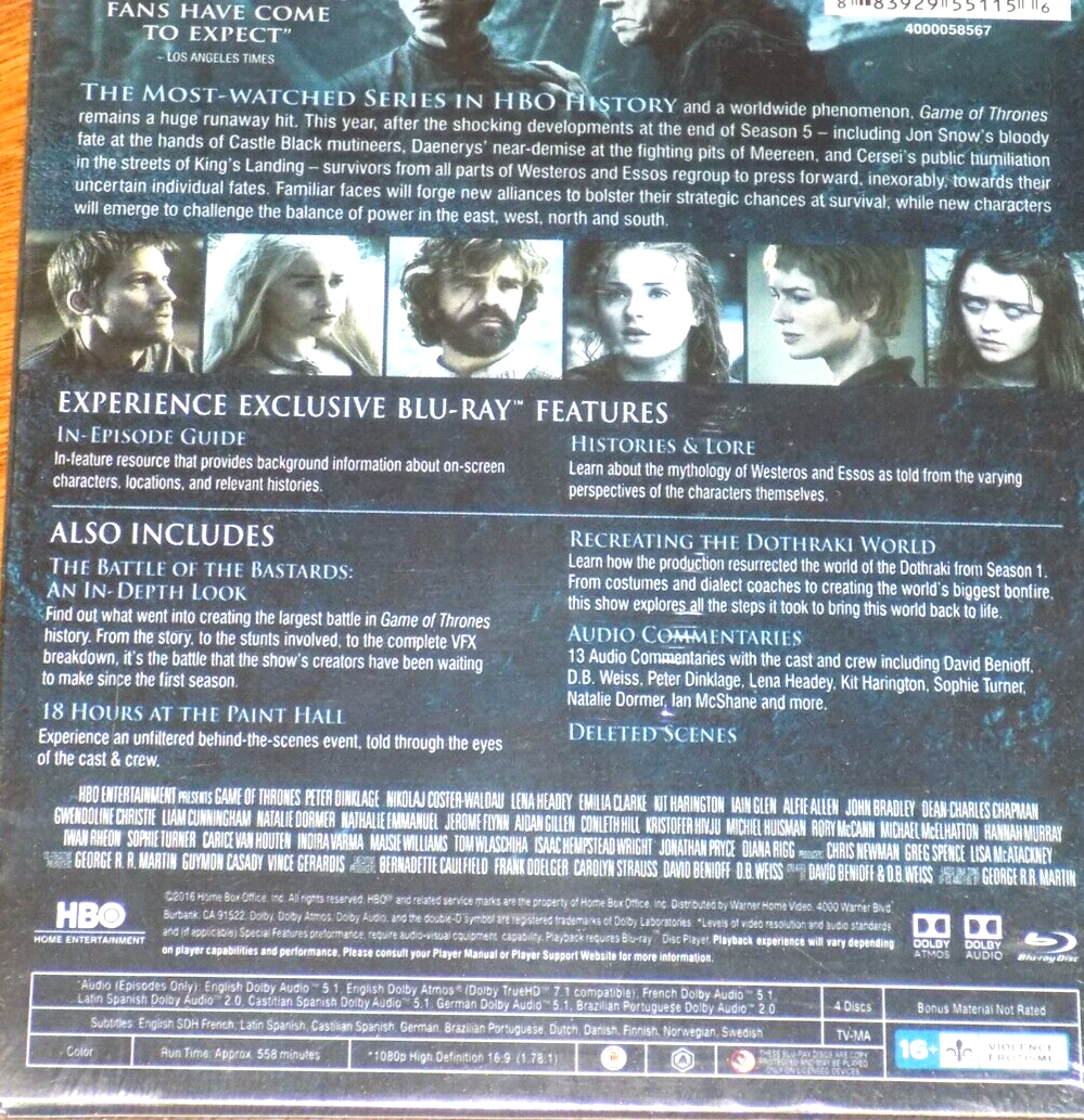 Game of Thrones The Complete Sixth 6TH Season Blu-ray Disc SET