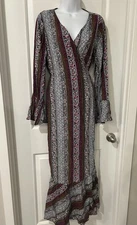 R. Vivimos Wrap Maxi Dress Sz L Purple Floral Long Bell Slvs Boho Ruffle Hem NWT