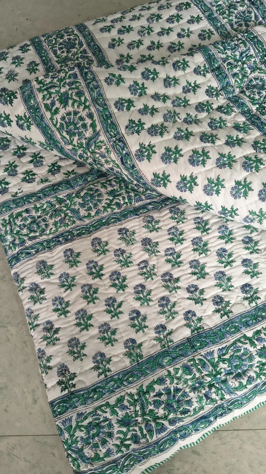 Colcha Kantha Indian tamaño king con estampado de bloques a mano manta de algodón Foto 4 de 4