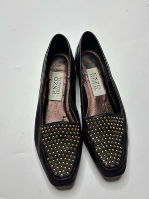 Enzo Angiolini Black Gold Studded Leather Loafer Flats Women s 6.5 M Preppy VTG