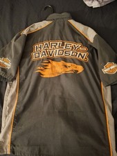 Harley Davidson Shirt Mens M Mechanic Shirt Large Logo Short Sleeve Button Down