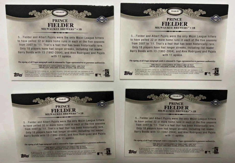 2012 TOPPS TIER ONE Prince Fielder Auto Patch Lot of 4 On Card Brewers Game Used - Image 2 of 2