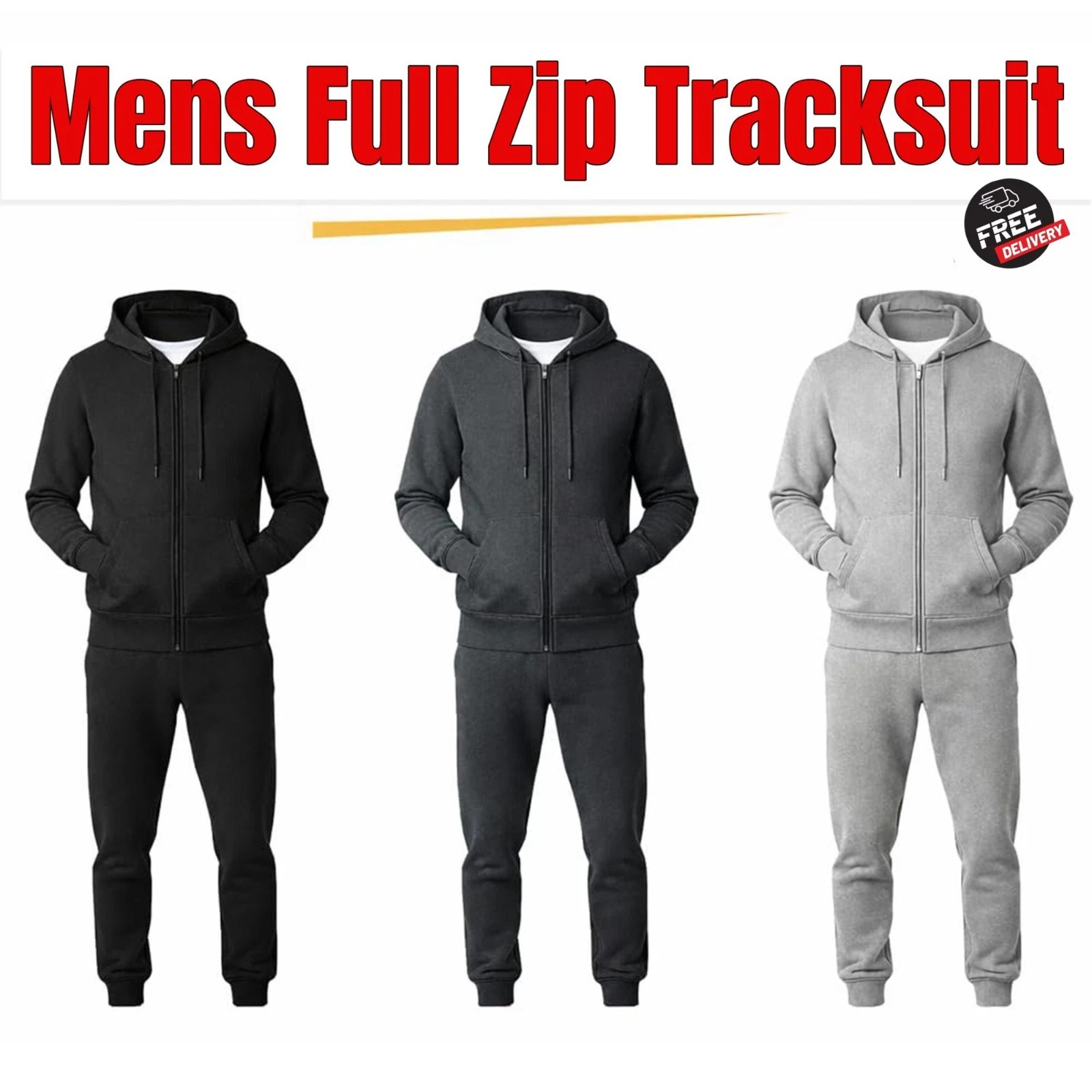 Mens Fleece Tracksuit Plain 2 PC Full Zip Hoodie Top & Bottoms GYM Jogging Set