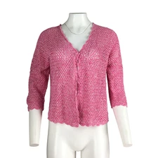 Norm Thompson Sweater Cardigan Pink Open Knit Linen One Button 3/4 Sleeve Large