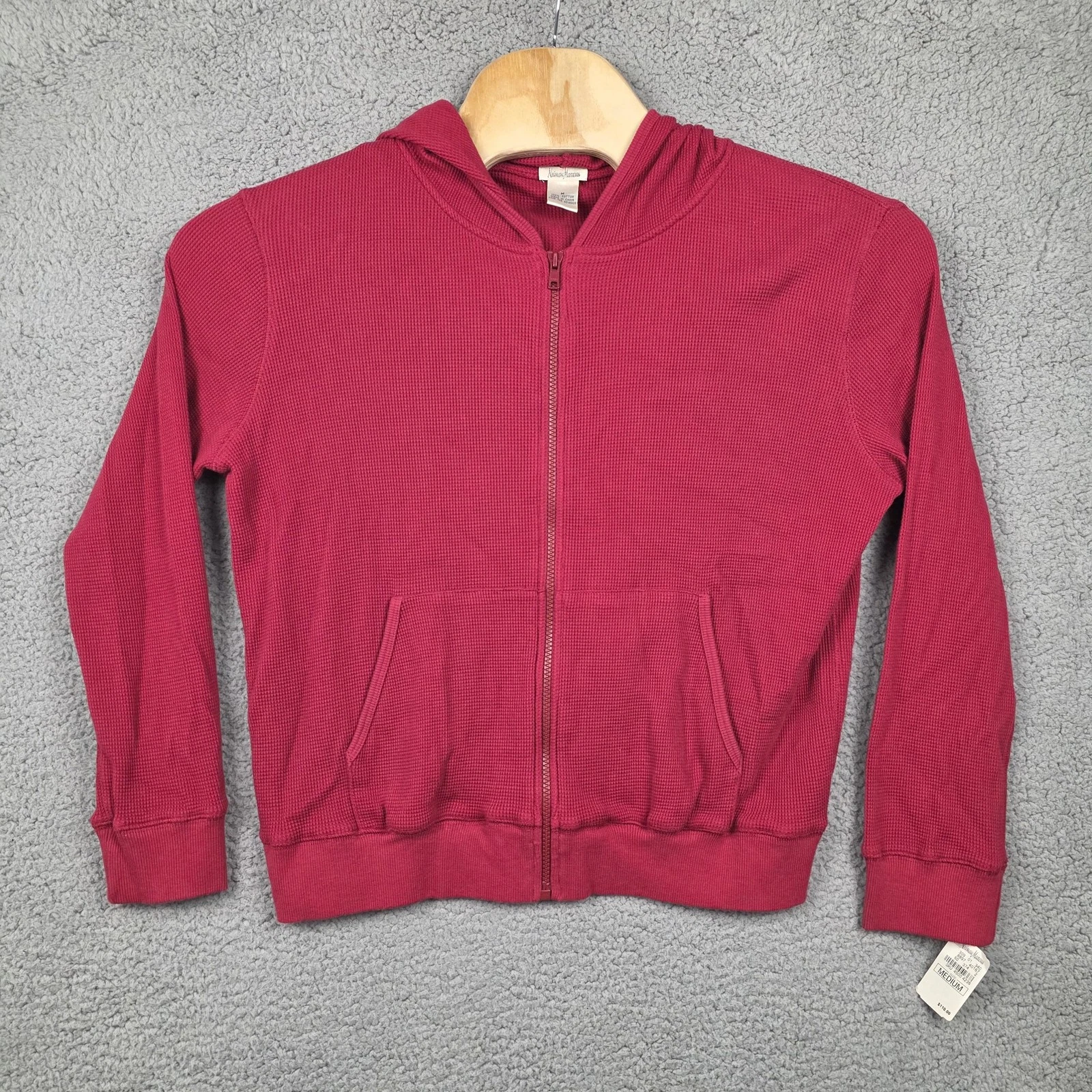 Neiman Marcus Hoodie Womens Medium Red Thermal Cotton Full Zip Pockets