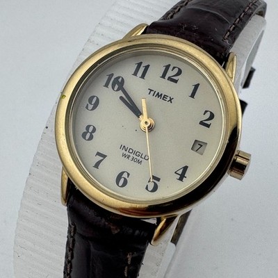 Timex Indiglo Quartz Watch Women 30m Gold Tone Leather Date Analog New Battery