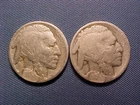 Two Buffalo Nickels: 1914-D and 1915-D; Acid treated dates