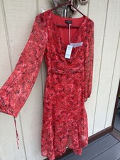 GUESS XS A-Line Midi Dress Long Sleeve V-Neck Floral Butterfly Layered Red