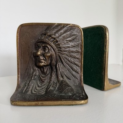 Vintage Native American Chief Bookends Heavy Solid Bronze Doorstop Monogram