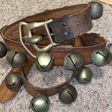 Vintage 20 Sleigh Bells Unique Buckle 60” Leather Strap Rustic Holiday Decor