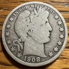 1908 Barber Half Dollar 50C Silver Circulated 0.9 Fine Silver.  Free Shipping.