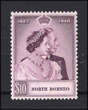 M27666 North Borneo 1948 Royal Silver Wedding $10 Mauve m/m Sg 351 Cat &pound;35