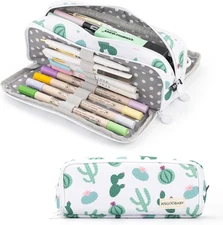 Large Canvas 3 Compartment Pencil Case Green Cactus