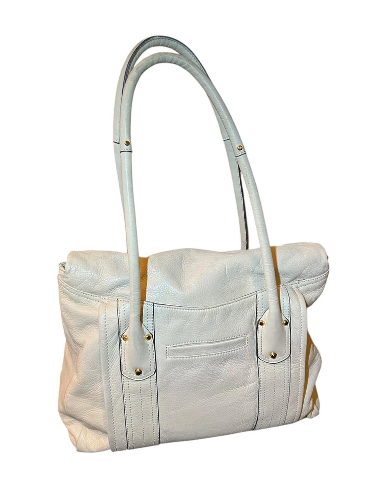 B Makowsky Rockefeller Large Leather Handbag Satchel Ivory Purple Flap Turn Lock - Image 4 of 4