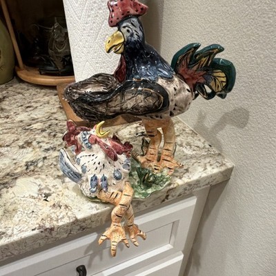 Blue sky Ceramic Chicken Figurine with tea light signed Heather Goldminc 2000