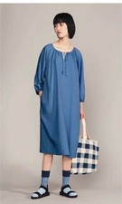 JW Anderson x Uniqlo Blue Linen Blend Gathered 3/4 Sleeve Midi Dress size M